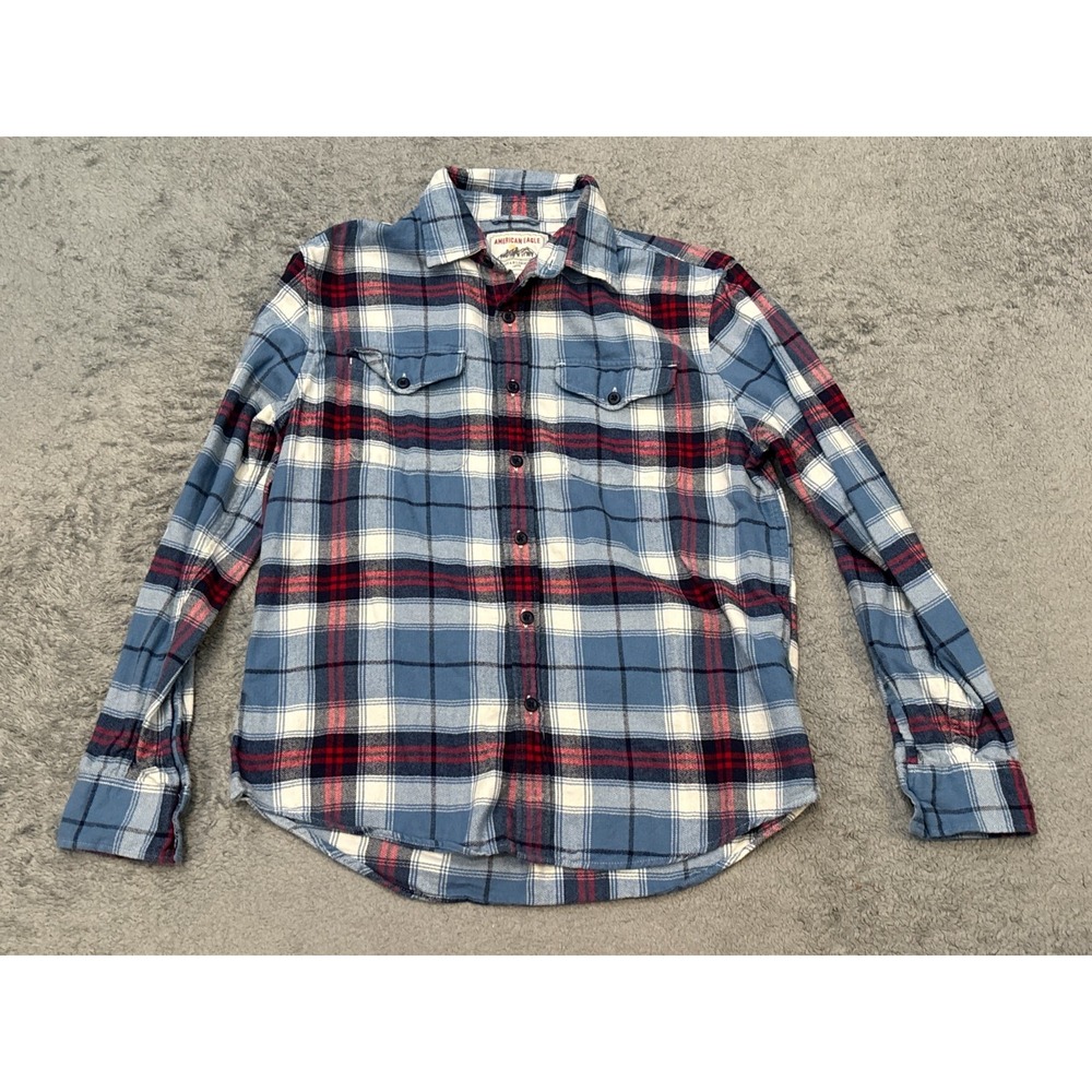 American Eagle Flannel Shirt Mens Medium Blue Red Plaid Cotton Long Sleeve